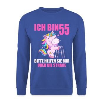 Ich bin 55 Bitte helfen Sie mir über Straße - Unisex Pullover - Royalblau - Vorne - Alina (178cm) & Michal (187cm)