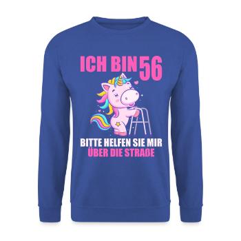 Ich bin 56 Bitte helfen Sie mir über Straße - Unisex Pullover - Royalblau - Vorne - Alina (178cm) & Michal (187cm)