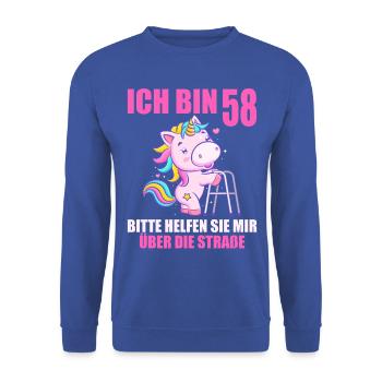 Ich bin 58 Bitte helfen Sie mir über Straße - Unisex Pullover - Royalblau - Vorne - Alina (178cm) & Michal (187cm)