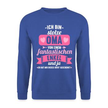 Stolze Oma von einem fantastischen Enkel Oma - Unisex Pullover - Royalblau - Vorne - Alina (178cm) & Michal (187cm)