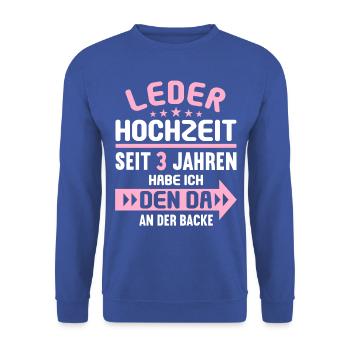 3 verheiratet Leder Hochzeit 3.Hochzeitstag - Unisex Pullover - Royalblau - Vorne - Alina (178cm) & Michal (187cm)