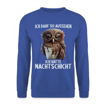 Nachtschicht Dienst Krankenschwester Pflegekraft - Unisex Pullover - Royalblau - Vorne - Alina (178cm) & Michal (187cm)