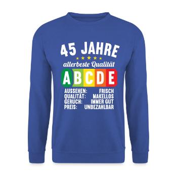 Lebensmittelampel Score 45 Jahre 45 Geburtstag - Unisex Pullover - Royalblau - Vorne - Alina (178cm) & Michal (187cm)
