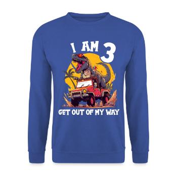 T-Rex conduit un camion monstre J’ai 3ème anniversaire - Sweat-shirt Unisexe - bleu royal - Devant - Alina (178cm) & Michal (187cm)