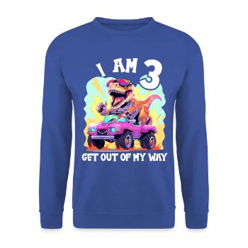T-Rex conduit un camion monstre J’ai 3ème anniversaire - Sweat-shirt Unisexe - bleu royal - Devant - Alina (178cm) & Michal (187cm)