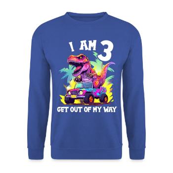 T-Rex conduit un camion monstre J’ai 3ème anniversaire - Sweat-shirt Unisexe - bleu royal - Devant - Alina (178cm) & Michal (187cm)