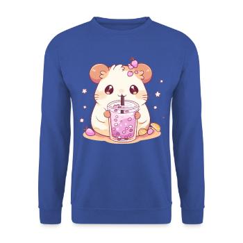 Kawaii Hamster trinkt Boba Bubble Tea Chibi - Unisex Pullover - Royalblau - Vorne - Alina (178cm) & Michal (187cm)
