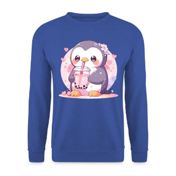 Kawaii Pinguin trinkt Boba Bubble Tea Chibi - Unisex Pullover - Royalblau - Vorne - Alina (178cm) & Michal (187cm)