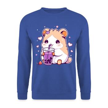 Kawaii Hamster trinkt Boba Bubble Tea Chibi - Unisex Pullover - Royalblau - Vorne - Alina (178cm) & Michal (187cm)