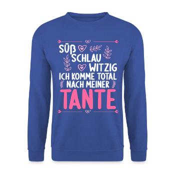 Ich komme total nach meiner Tante Nichte Neffe - Unisex Pullover - Royalblau - Vorne - Alina (178cm) & Michal (187cm)