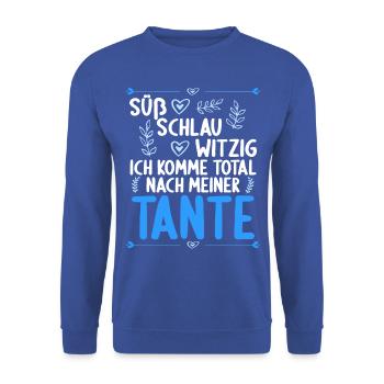 Ich komme total nach meiner Tante Nichte Neffe - Unisex Pullover - Royalblau - Vorne - Alina (178cm) & Michal (187cm)