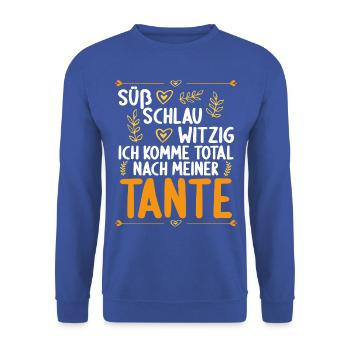 Ich komme total nach meiner Tante Nichte Neffe - Unisex Pullover - Royalblau - Vorne - Alina (178cm) & Michal (187cm)