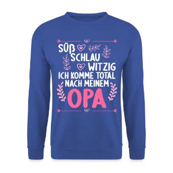 Ich komme total nach meinem Opa Enkelin Enkel - Unisex Pullover - Royalblau - Vorne - Alina (178cm) & Michal (187cm)