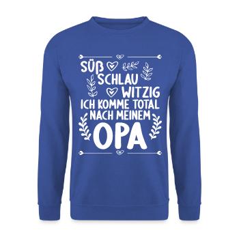 Ich komme total nach meinem Opa Enkelin Enkel - Unisex Pullover - Royalblau - Vorne - Alina (178cm) & Michal (187cm)