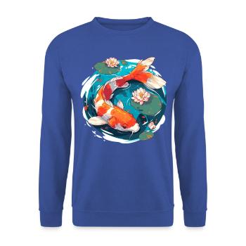 Vintage 80er Retro Japanisch Asiatisch Koi Karpfen - Unisex Pullover - Royalblau - Vorne - Alina (178cm) & Michal (187cm)