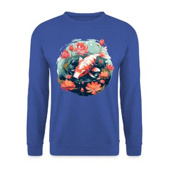 Vintage 80er Retro Japanisch Asiatisch Koi Karpfen - Unisex Pullover - Royalblau - Vorne - Alina (178cm) & Michal (187cm)