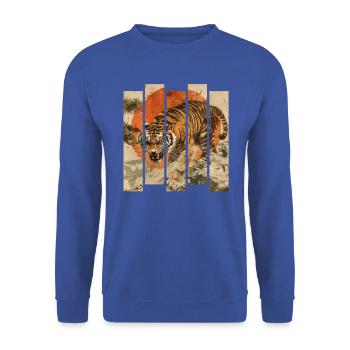 80er Jahre Retro Japanischer Tiger - Unisex Pullover - Royalblau - Vorne - Alina (178cm) & Michal (187cm)