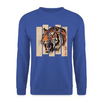 80er Jahre Retro Japanischer Tiger - Unisex Pullover - Royalblau - Vorne - Alina (178cm) & Michal (187cm)