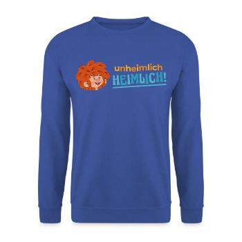 Pumuckl Unheimlich Heimlich Schriftzug - Unisex Pullover - Royalblau - Vorne - Alina (178cm) & Michal (187cm)