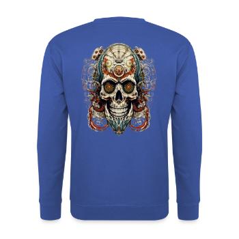 Detailreicher Steelskull mit mechanischem Flair - Unisex Pullover - Royalblau - Hinten - Michal (187cm)