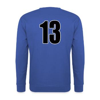 Nr. 13 Zahl dreizehn - Rückennummer Fußball Sport - Unisex Pullover - Royalblau - Hinten - Michal (187cm)