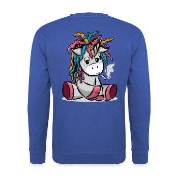 Kiffendes Einhorn mit Joint - Unisex Pullover - Royalblau - Hinten - Michal (187cm)