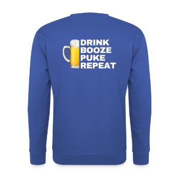 Drink - Booze - Puke - Repeat - Junggesellen - Unisex Pullover - Royalblau - Hinten - Michal (187cm)
