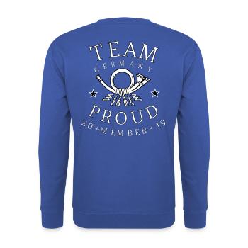 Post Team Germany Proud Member - Unisex Pullover - Royalblau - Hinten - Michal (187cm)