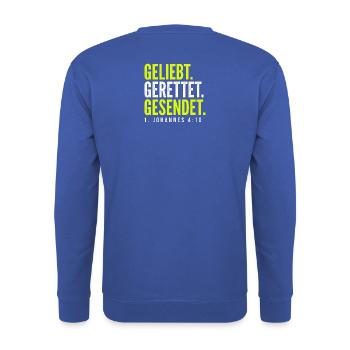 Geliebt. Gerettet. Gesendet. – 1. Johannes 4,10 - Unisex Pullover - Royalblau - Hinten - Michal (187cm)