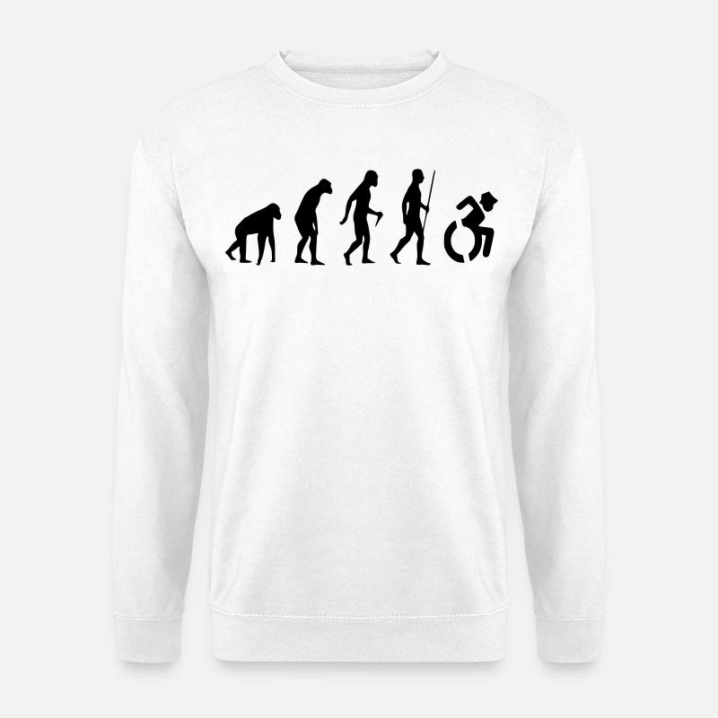 Rollstuhl-Evolution für Rollen. Humor im Rollstuhl # - Unisex Pullover - Weiß