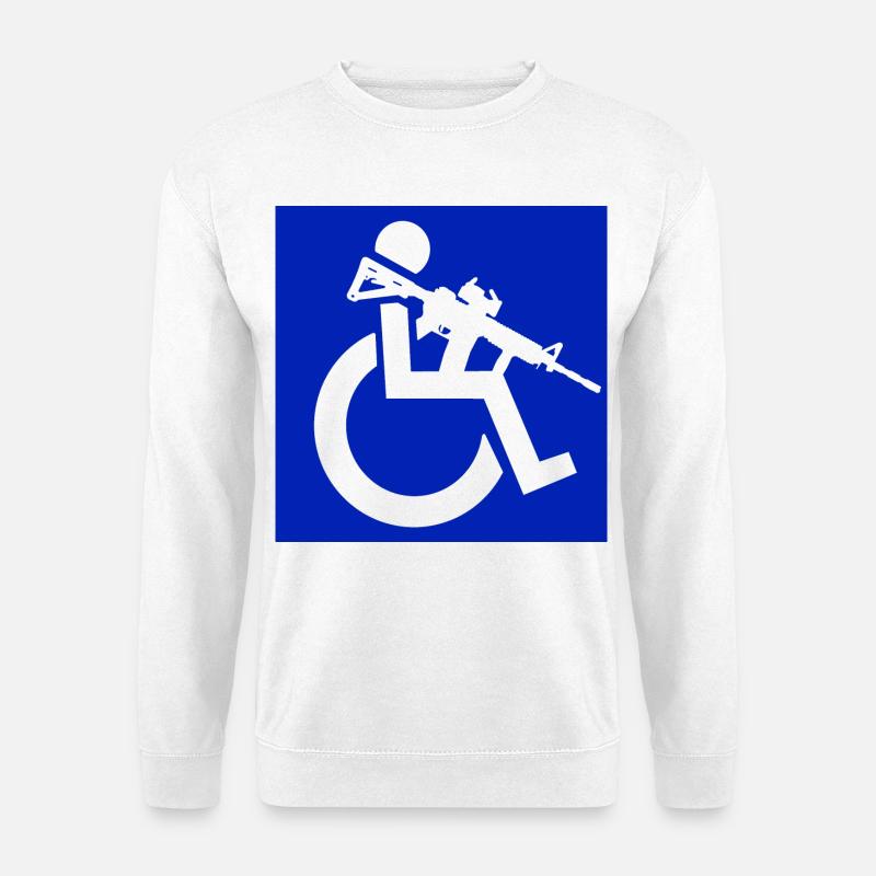 Bild eines Rollstuhlfahrers mit einem Gewehr # - Unisex Pullover - Weiß