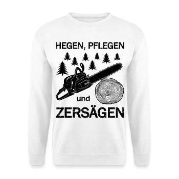 Motorsäge, Holz machen, Wald, Holzfäller, Fichten - Unisex Pullover - Weiß - Vorne - Alina (178cm) & Michal (187cm)