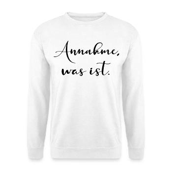 ANNAHME Achtsamkeit - Unisex Pullover - Weiß - Vorne - Alina (178cm) & Michal (187cm)