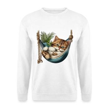 Katze in einer Hängematte - Unisex Pullover - Weiß - Vorne - Alina (178cm) & Michal (187cm)