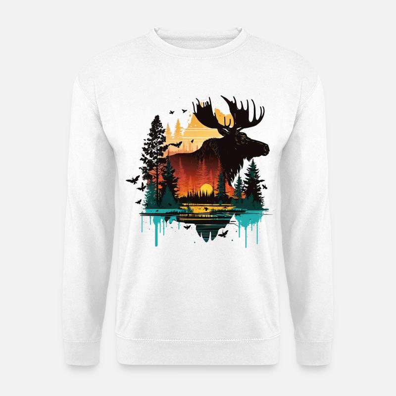 Elch - Landschaft - Sonnenuntergang - Unisex Pullover - Weiß