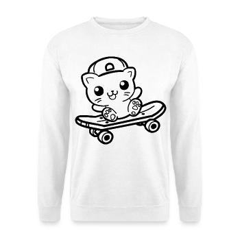 Skateboard Katze Cartoon Look - Unisex Pullover - Weiß - Vorne