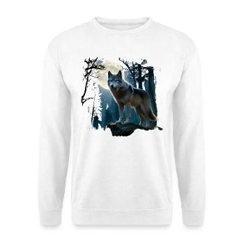 Mondwolf im nächtlichen Wald - Unisex Pullover - Weiß - Vorne - Alina (178cm) & Michal (187cm)