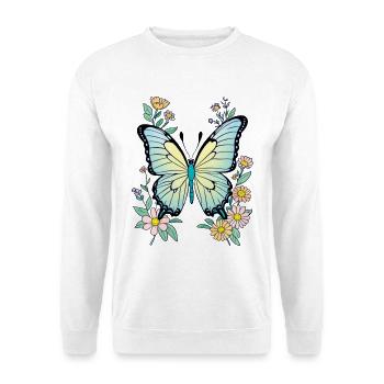 Papillon Bleu Avec Fleurs, Papillon - Sweat-shirt Unisexe - blanc - Devant