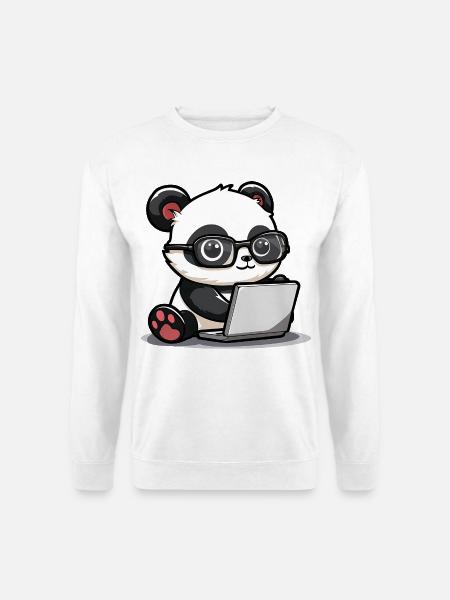 Panda Dessin animé travaillant sur un ordinateur portable avec des lunettes - Sweat-shirt Unisexe - blanc