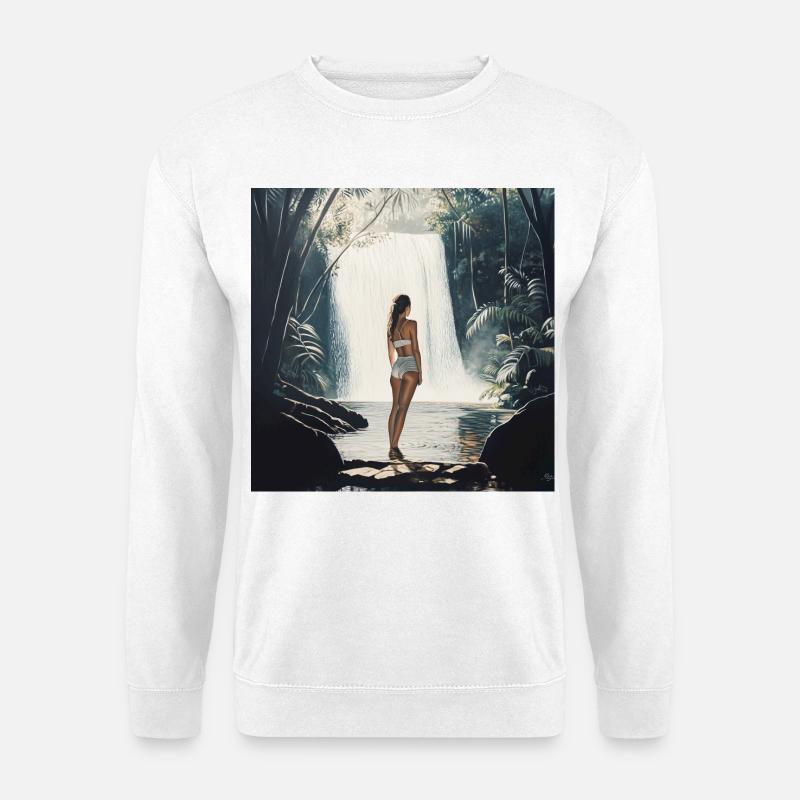 Reizende Frau am Wasserfall - Unisex Pullover - Weiß