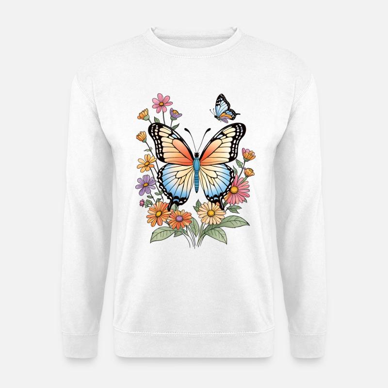 Papillon coloré dans une mer de fleurs - Sweat-shirt Unisexe - blanc