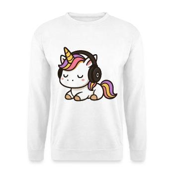 Niedlicher Einhorn-Cartoon mit schlafenden Kopfhörern - Unisex Pullover - Weiß - Vorne