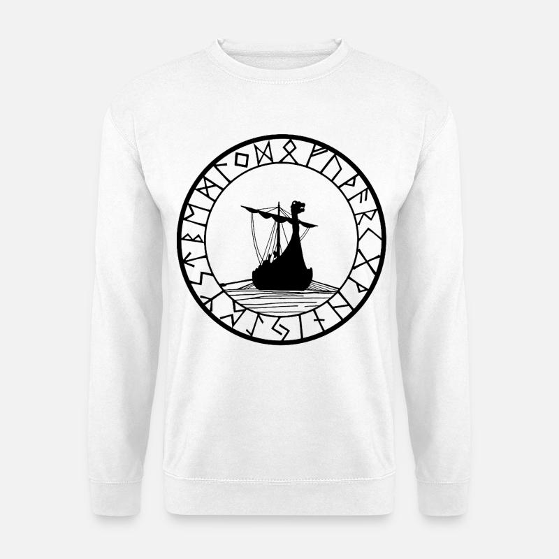 Schwarzes Wikinger-Langschiff und Kompass - Unisex Pullover - Weiß