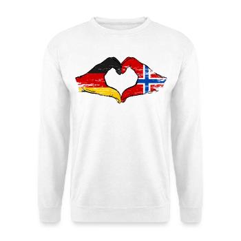 Deutschland Norwegen Flagge Hände Herzform used - Unisex Pullover - Weiß - Vorne - Alina (178cm) & Michal (187cm)