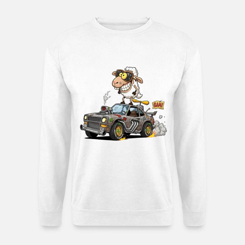 Skurrile Schaf-Rennwagen-Illustration - Unisex Pullover - Weiß