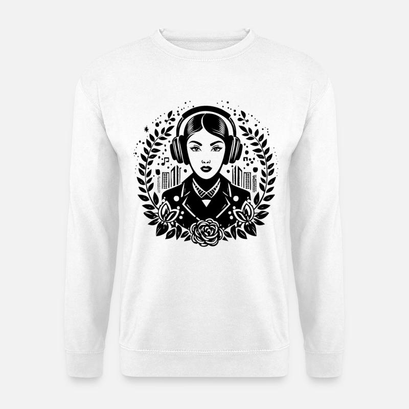 Träumerin Traum Gedanke – Frau, Kopfhörer, Blick - Unisex Pullover - Weiß