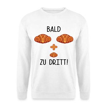 SCHWANGERSCHAFT BABY VERKÜNDEN FRANZBRÖTCHEN - Unisex Pullover - Weiß - Vorne - Alina (178cm) & Michal (187cm)