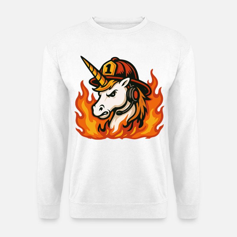 Flammender Einhorn-Feuerwehrmann - Unisex Pullover - Weiß