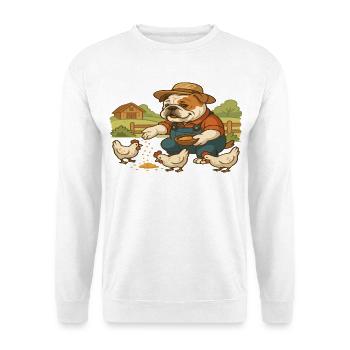 Fermier Bouledogue nourrissant des poules Scène mignonne de la ferme - Sweat-shirt Unisexe - blanc - Devant