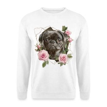 Mops Blumen Vintage - Unisex Pullover - Weiß - Vorne